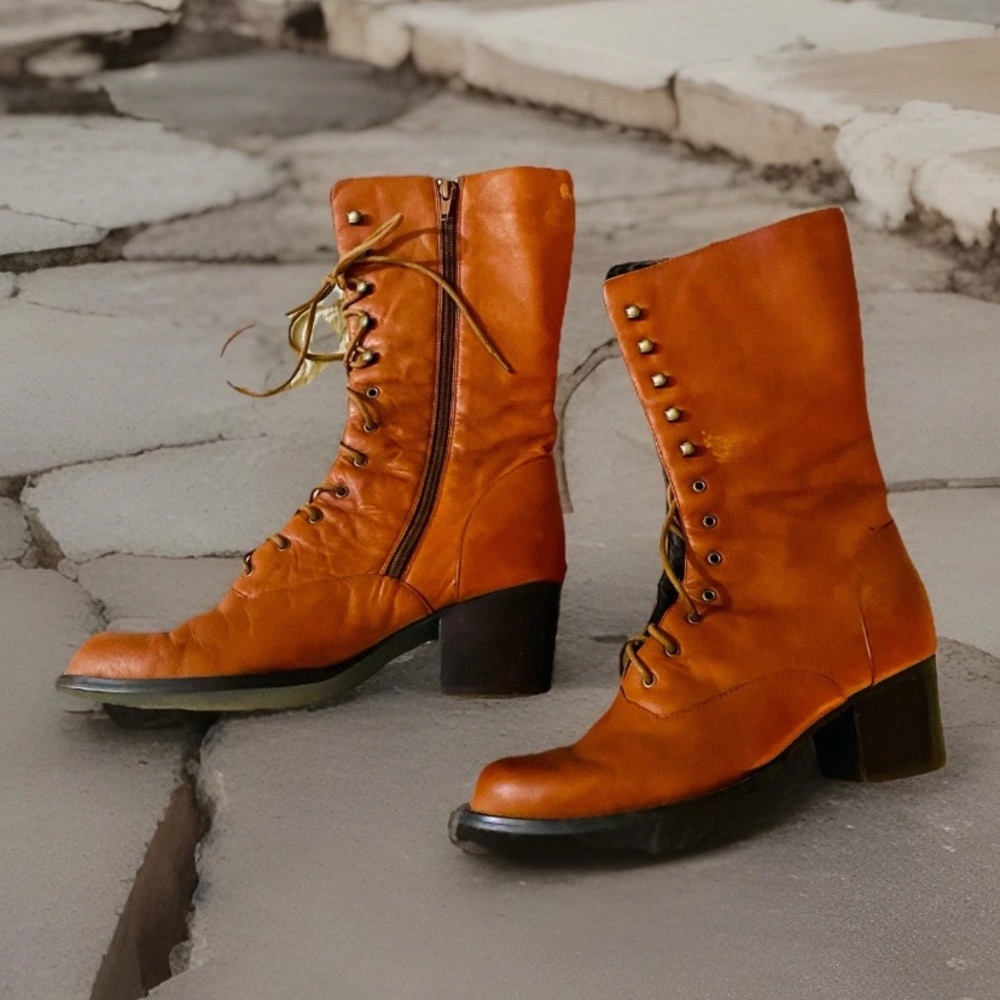 Western Lace-Up/ Zipper Brown Leatherette Boots Sz 10W Vintage 70s